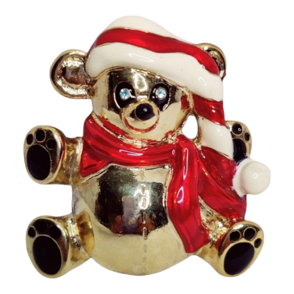 Gold Metal‎ Plated Christmas Teddy Bear Brooch Pin Wearing Santa Hat & Scarf